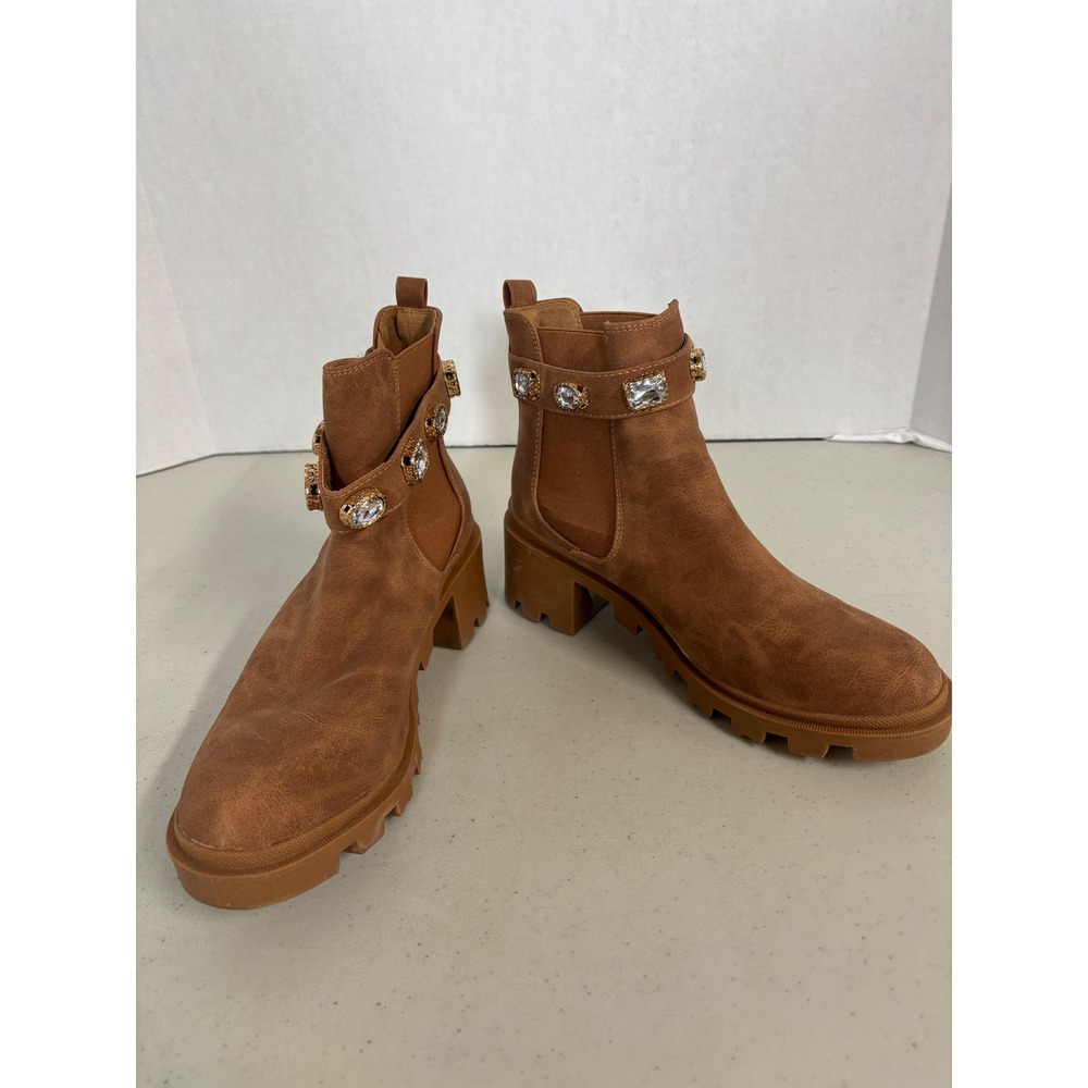 Follow Me FOLLOWME-2 Cognac Crystal Embellished Lug‎ Sole Chelsea Boots Size 7.5